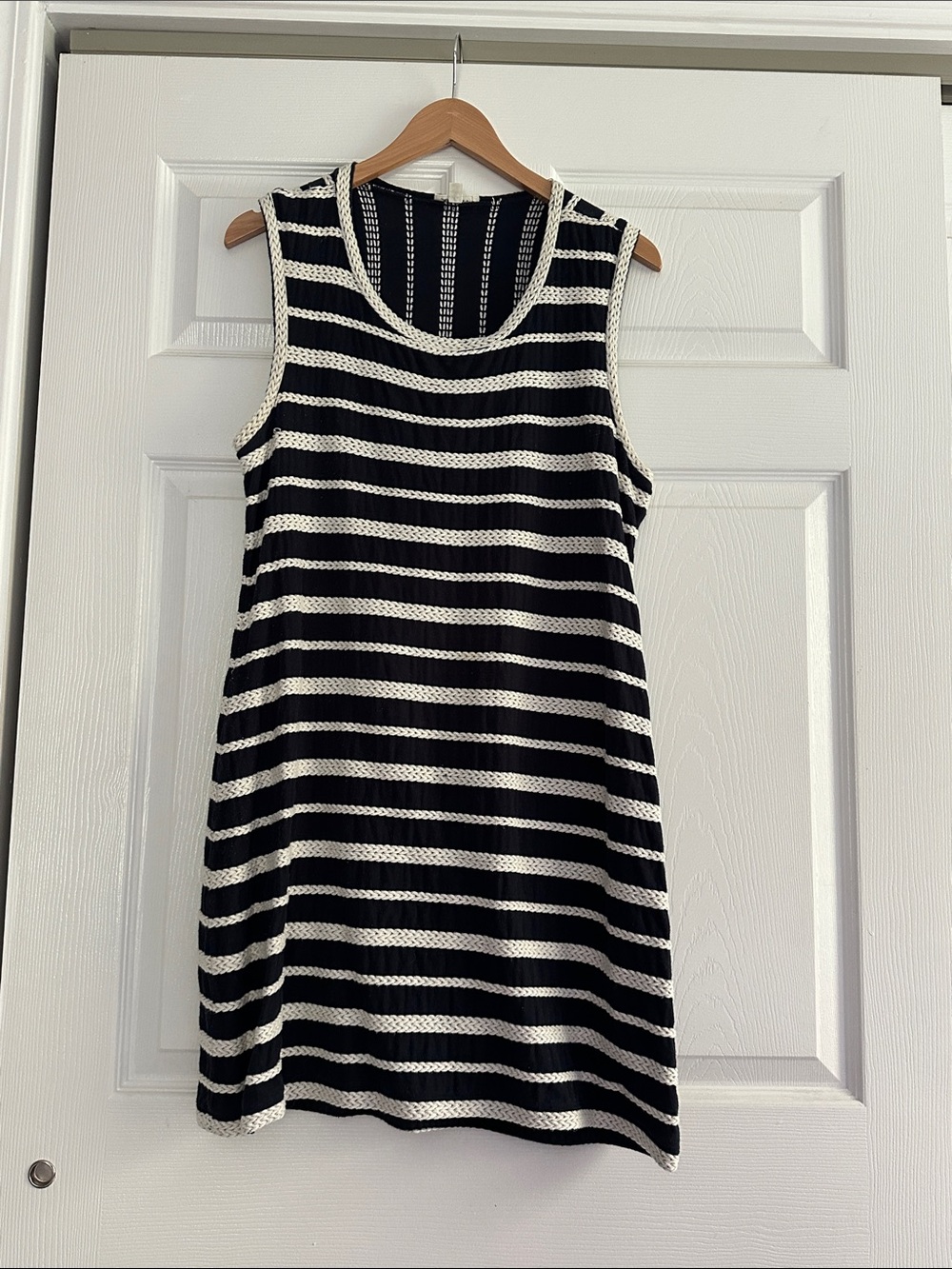 Sleeveless Navy and White Striped Knit Dress